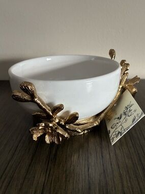 Gold Floral Branch Bowl Holder White Ceramic Vanity Bowl Glam From India